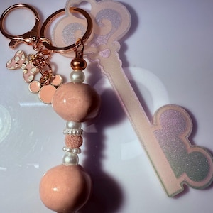 Disney Inspired Key Pink Glitter Key Bag Charm – Acrylic Purse Charm with Pearl and Bead Accents