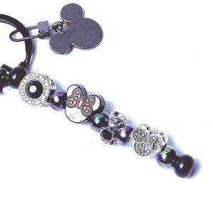 Black Mickey Mouse Charm Keychain – Red & Black Beaded Strand, Multiple Disney Charms, Handmade Disney Bag Accessory