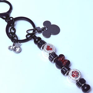 Black Crystal Mickey Bag Charm Keychain | Minnie Bow Purse Charm | Disney Inspired Accessory | Handmade Sparkly Beaded Key Ring