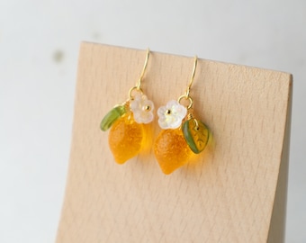 Cute fruit earrings Unique food earrings Czech glass lemon dangling earrings