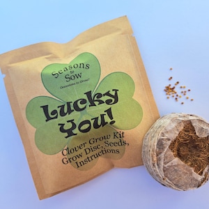 May include: A brown paper bag with a green clover design and the text "Seasons to Sow Occasions to Grow! Lucky You! Clover Grow Kit Grow Disc, Seeds, Instructions".