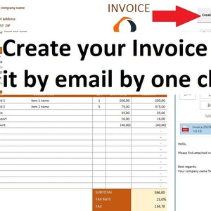 May include: A digital invoice with itemized costs, a total of $720.78, and an email interface showing a PDF attachment. The text reads "Create your Invoice and send it by email by one click."