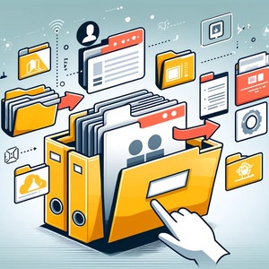 May include: A yellow folder with a hand pointing to it. The folder is open and has several smaller folders inside. The smaller folders are labelled with different icons and text. The image represents the concept of organising and managing files.