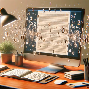 Może przedstawiać: Monitor komputera z białym tłem i siatką liczb na ekranie. Monitor stoi na drewnianym biurku z notesem, klawiaturą i myszką. Wokół monitora unoszą się w powietrzu liczby.