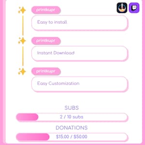 Op de afbeelding: Een roze en witte afbeelding die een "Kawaii Chat Widget" promoot. Het ontwerp bevat tekst zoals "Gemakkelijk te installeren", "Direct downloaden" en "Gemakkelijke aanpassing". De widget houdt ook "SUBS" en "DONATIONS" bij met voortgangsbalken.