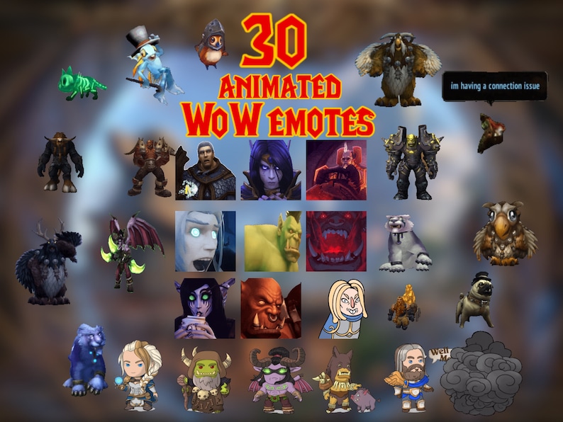 May include: A collage of 30 animated World of Warcraft emotes. The emotes are arranged in a grid and feature a variety of characters, including orcs, humans, and animals. The text "30 ANIMATED WOW EMOTES" is displayed at the top of the image.