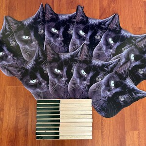 May include: A set of nine black cat face cutouts, each with a different expression. The cutouts are arranged in a semi-circle shape, with the top row slightly overlapping the bottom row. The cutouts are on a wooden surface.