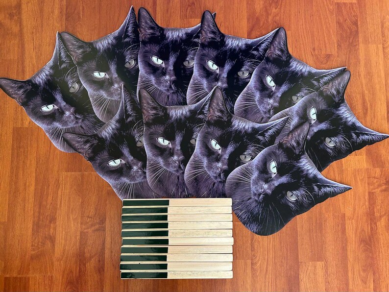 May include: A set of nine black cat face cutouts, each with a different expression. The cutouts are arranged in a semi-circle shape, with the top row slightly overlapping the bottom row. The cutouts are on a wooden surface.