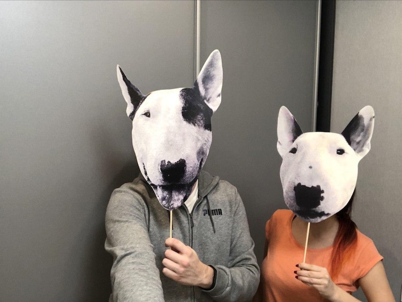 May include: Two people are holding up cardboard cutouts of bull terrier dog faces. The cutouts are on sticks. The person on the left is wearing a gray sweatshirt with the word "Puma" on the front. The person on the right is wearing an orange shirt.