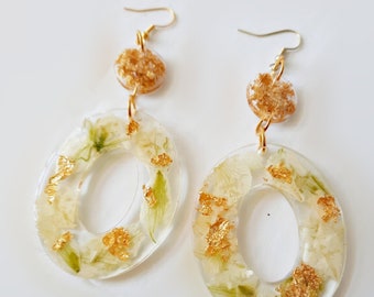 White Flower Earrings - Plant Earrings , Pressed Flower Art , Gift for Her , Gold Flakes, mothers day gift