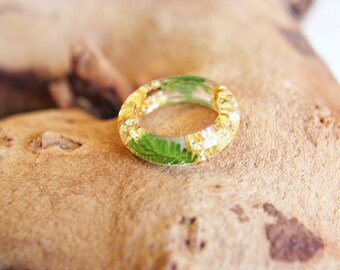 Fern Pressed Flower Art , Handmade Ring , Gold Flake , Gift for Her