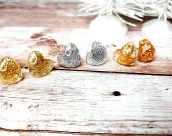 Resin Heart Studs - Gold Heart Earrings, Gold Flake Studs, Silver Heart Earrings, Gift For Her