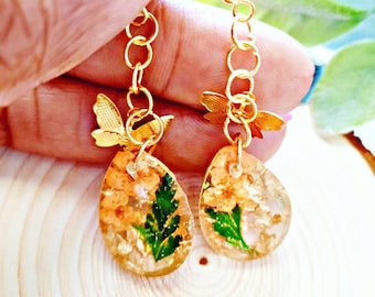 Tear Drop Earrings , Botanical Earrings , Monarch Butterfly , Flower Earrings Dangle Earrings , Terrarium Earrings, Fern Earrings