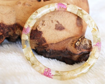 Pink Dried Flower Bangle - Botanical Bracelet, resin jewelry, mothers day gift