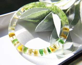 Yellow and Green Baby Breath Dried Flower Bangle - Botanical Bracelet, Resin Jewelry, mothers day gift