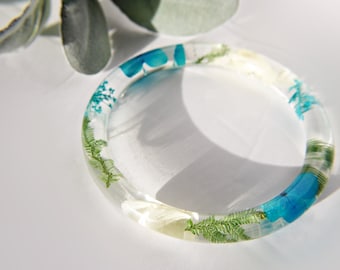 Blue Dried Flower Bangle - Resin Jewelry , Beach Gift Resin , Gift for Her, mothers day gift