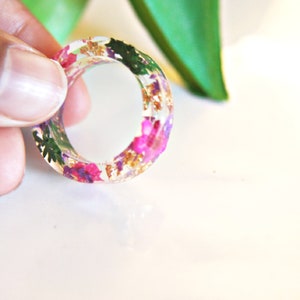 Spring ring / resin ring / Four seasons / Pressed flower art / botanical jewelry / christmas gift Stackable Pink and P