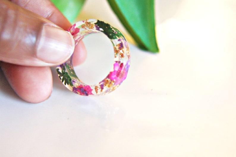 Spring ring / resin ring / Four seasons / Pressed flower art / botanical jewelry / christmas gift Stackable Pink and P