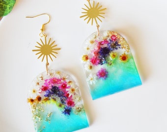 Colorful Rainbow Sun Flower Earrings | Resin Jewelry | Sun Earrings | Rainbow Earrings | Plant Jewelry | Spring Earrings