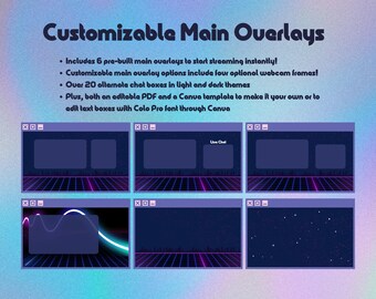 May include: Six customizable Twitch stream overlays with a retro 80s aesthetic. The overlays feature a dark blue background with a grid pattern and neon pink and blue accents. The overlays include space for a webcam, chat, and other information. The text "Live Chat" is visible on one of the overlays.