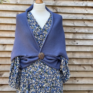 Merino Wool Shrug, Boho Women Hand Knit in Denim Blue