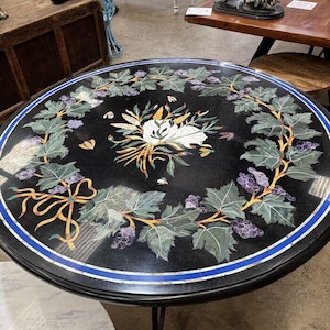 Handcrafted Italian Pietra Dura Dining Table – Intricate Floral & Leaf Inlay on Black Marble, Luxury Home Decor Centerpiece