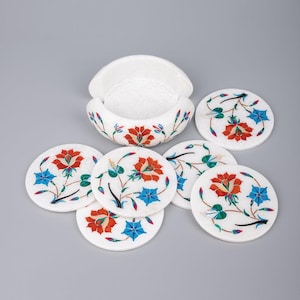 Tea Coaster White Marble Coasters Set With Holder, Natural Stones Lapis Lazuli Inlay, Marble Coasters Set Inlay With Natural Stones