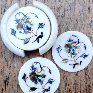 Marble Inlay Coffee Tea Coaster, Beautiful Pre Loved Pietra Dura Coaster Set - Various Semi Precious Inlay