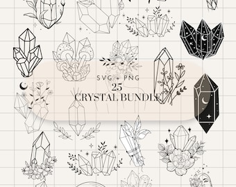 Puede incluir: Un conjunto de 25 ilustraciones de cristales en blanco y negro, que incluyen diversas formas de cristales, detalles florales y elementos celestiales. El texto "SVG + PNG" y "25 CRYSTAL BUNDLE" también están presentes.