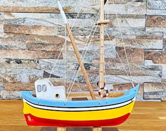 Modelo de barco de pesca de madera hecho a mano, modelo de barco de madera