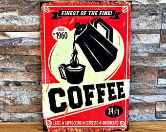Vintage affisch, kaféaffisch, träaffisch, det finaste av det finaste, varmt kaffe dygnet runt sedan 1960