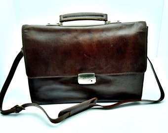 Vintage Brown Leather Briefcase, Vintage Briefcase with shoulder strap, Leather unisex briefcase