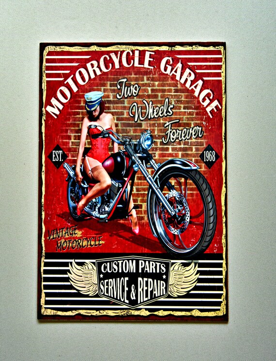 ビンテージポスター、バイクガレージ、木製ポスター、レトロポスター