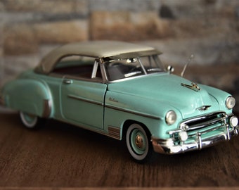 May include: A teal blue and white 1950s model car with chrome accents. The car has a white roof and a chrome grill. The car is a 1/18 scale model.