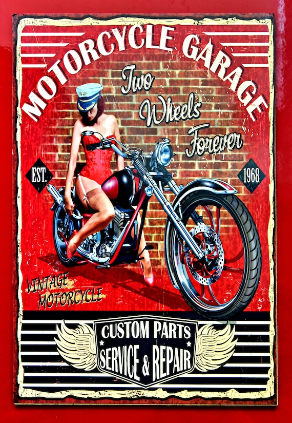 Vintage Poster, Motorcycle Garage, Wooden Poster, Retro Poster