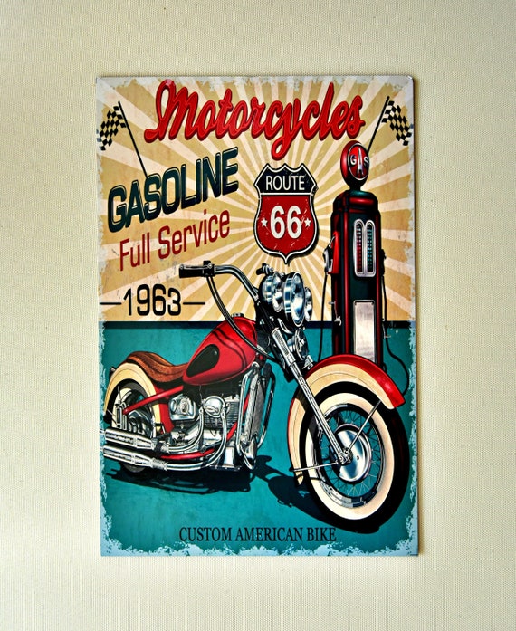 Tableau Art métal Moto Route 66 US en 40x40 cm : déco vintage