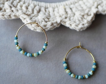 Celeste hoops - Blue glass pearl and gold stainless steel hoops