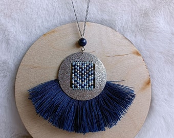 Sautoir Olympe Bleu et argent - sautoir bohème pendentif argenté, tissage et galon frange bleu