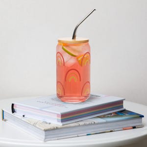 Boho Rainbow Can Glass with Bamboo Lid & Straw – 16oz Aesthetic Iced Coffee Cup, Cute Glass Tumbler for Smoothies, Beer and Tea