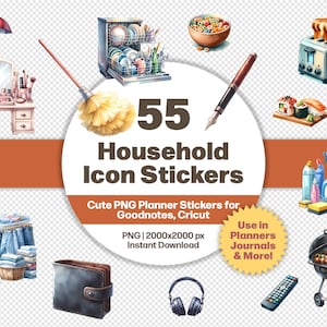 55 Household Icon Stickers | Digital Planner PNGs for Daily Life Organization