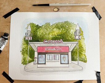 Hand Painted Custom Location Water Color Painting - Bar, Restaurant - 8x10 or 9x12