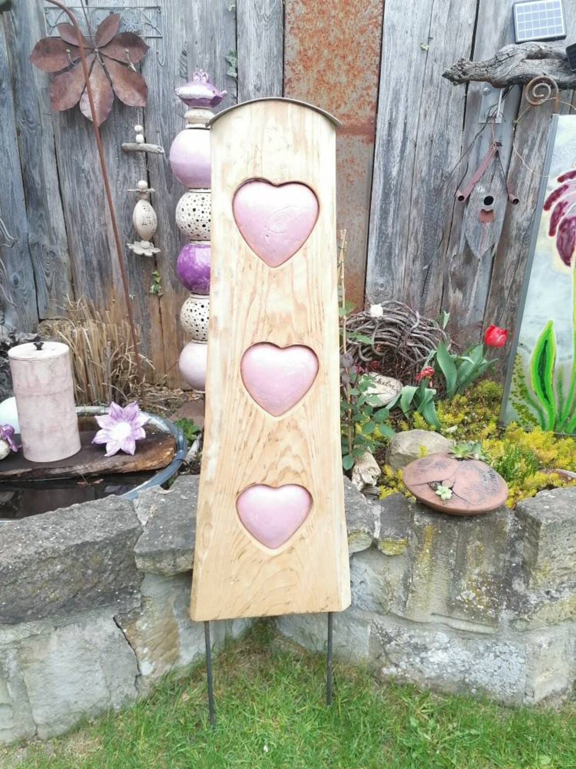 1 KeramikStele GartenStele Holz Keramik Herz rosa Etsy