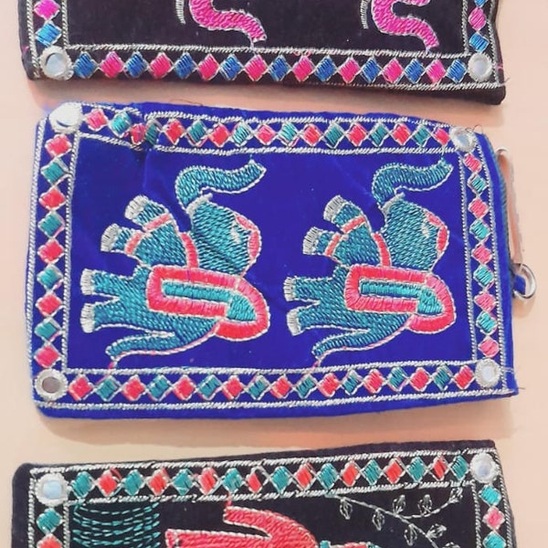 Indian Embroidered Women Purse for gifting and self use cotton velvet pouch,money pouch, mobile pouch,YKK zip, Zari mirror Bag