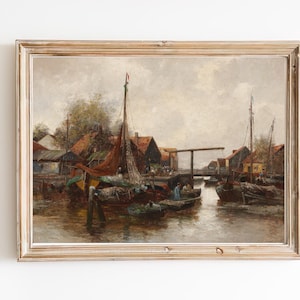 PRINTABLE ART | Vintage Harbour Print | Fisherman Painting | Sea Painting |Antique Fishing Boat painting | Fishing Village | Landscape Print