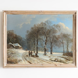 北欧の冬の風景油絵｜アンティークな子供そり遊びアート（デジタルダウンロード）