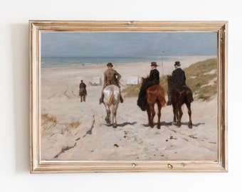 PRINTABLE ART | Vintage Riders Print | Seascape Vintage Art | Horse Painting | Classic Landscape Painting | Beach Decor | Equestrian Art