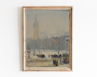 DRUCKBARE KUNST | Vintage New York Gemälde | Antikes Stadtbild Druck | Altes Madison Quadrat Gemälde | Verschneite New Yorker Straßen | Herunterladbar