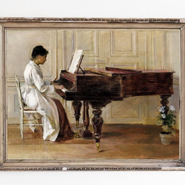 CANVAS ART PRINT | Woman Playing Piano Wall Art Print | Lady in a White Dress  Portrait Oil Painting | Vintage Interior Scene Art