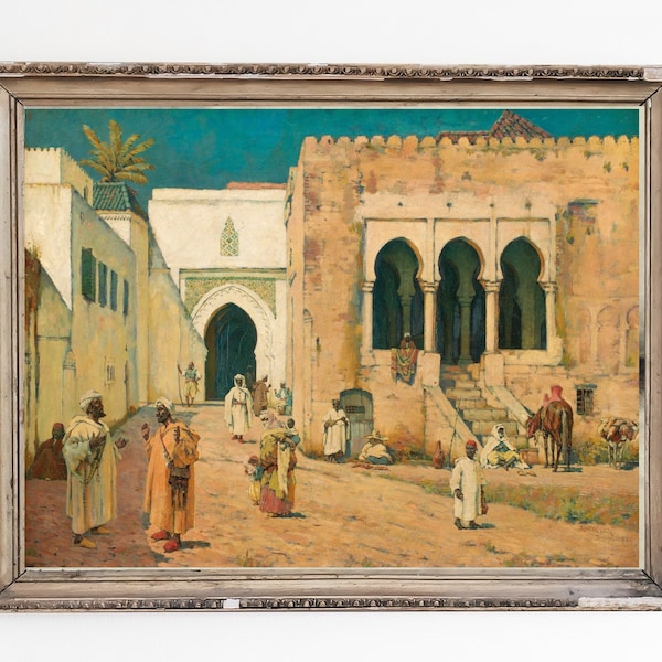 IMPRESSION D'ART SUR TOILE | Rue dans une ville africaine Wall Art Print | décor d’architecture vintage | Peinture à l’huile arabe orientale | Art du Moyen-Orient