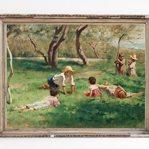 IMPRESIÓN DE ARTE DE LIENZO / Impresión de arte de pared de la infancia vintage / Niños jugando al aire libre pintura al óleo / Decoración clásica del hogar del paisaje / Arte de la habitación del niño